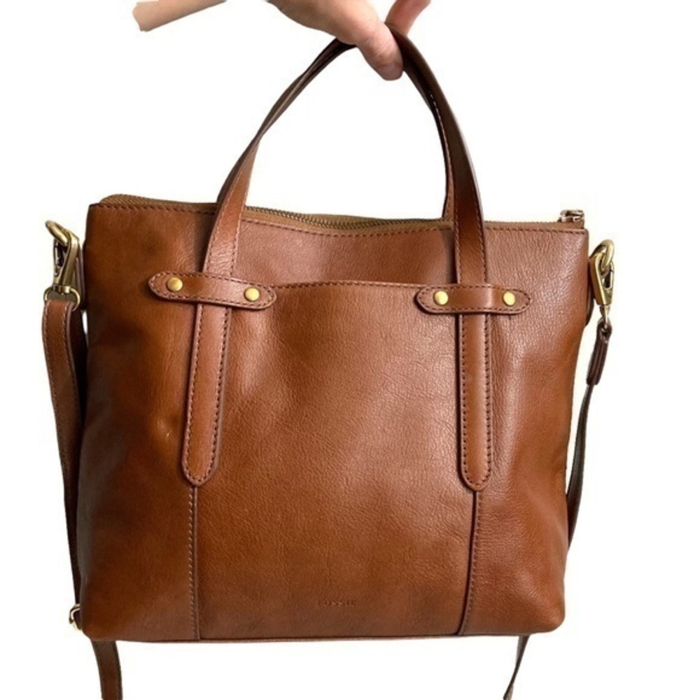 Fossil brown leather two way crossbody top handle bag